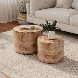 <b>Nesting</b> <b>Modern</b> Wooden Circle <b>Coffee</b> <b>Table</b> Set Small Spaces Accent <b>Tables</b> for Living Room Office Natural Burl Drum Side <b>Table</b> - Product Image 1