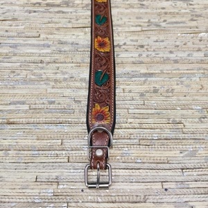 Venus Leathers Were Vintage Genuine Leather <b>Dog</b> Collar Belt Sunflower Embroidery Metal Buckle Waterproof for Bag Accessories - Product Image 1