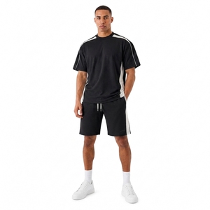 Ensemble de t-shirts en tricot noir pour homme avec short à cordon de serrage, col rond, sportif, séchage rapide, vêtements d'été - Product Image 1