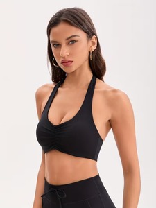 Halter Neck Sports <b>Bra</b> Women Ruched Front Yoga Crop Top <b>Open</b> Back Gym Workout Fitness Activewear Camisole Tank Lightweight - Product Image 4