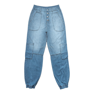 Femmes élégant taille haute bleu Denim jean coupe ample élastique poignets bouton patte plusieurs poches décontracté mode grande taille - Product Image 1