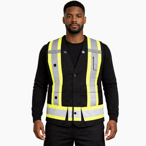Gilet de sécurité réfléchissant haute visibilité pour homme, jaune et gris à rayures, respirant, col en V, vêtement d'extérieur décontracté avec poches, style automne - Product Image 1