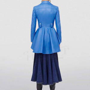 Women's Blue Leather Moto Jacket With <b>Zipper</b> And Peplum Hem Regular Length Full Sleeve Spread Collar Autumn Style - Product Image 3