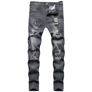 Jean en denim déchiré coupe slim droite pour homme, taille mi-haute, délavé, respirant, décontracté - Product Image 3