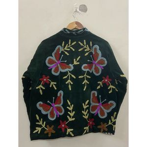 Hand Embroidered <b>Velvet</b> Knitted Cotton <b>Jacket</b> <b>Women</b> Mandarin Collar Full Sleeve Floral Pattern Open Front Prairie Winter/Spring - Product Image 2