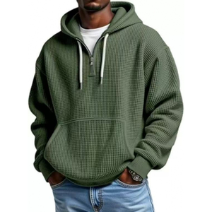 Sweat-shirt à capuche mi-zippé en tricot gaufré bleu marine pour homme, coupe oversize décontractée avec poche à cordon - Product Image 4