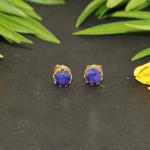 Unique Designer Fancy Shape 7 MM Dyed <b>Blue</b> Sapphire Gemstone 22k Gold Plated Crown <b>Stud</b> <b>Earring</b> For Women Girl Wholesale Jewelry - Product Image 4