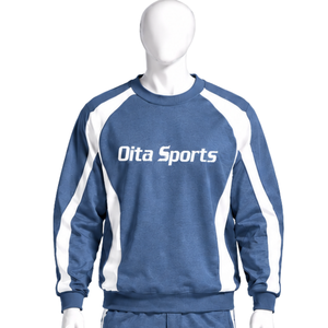 Sweat-shirt athlétique bleu denim à col rond pour homme, avec empiècements contrastants, manches longues, pull décontracté pour le fitness et l'entraînement, vêtements de sport personnalisés - Product Image 1