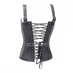 Genuine Black Leather Buckle <b>Corset</b> Top <b>Gothic</b> Overbust Waist Cincher <b>Corset</b> with Front Zipper and Adjustable Straps - Product Image 4