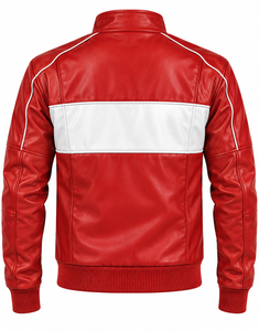 เสื้อแจ็คเก็ตบอมเบอร์หนัง PU สีแดงขาวสำหรับผู้ชาย คอตั้ง ปิดด้วยซิป สไตล์มอเตอร์ไซค์ เหมาะสำหรับใส่ในฤดูใบไม้ร่วง - Product Image 2