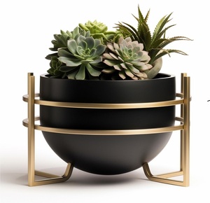 Minimalist Eco-Friendly Durable Flower <b>Stands</b> with Gray Ribbed Planters Black Metal Frame Indoor Use for Green <b>Plants</b> Home Decor - Product Image 4