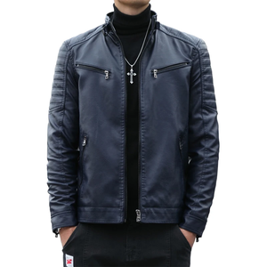 New Arrived Men's Genuine Leather Solid Color Vintage Zipper Biker <b>Coat</b> Breathable Windbreaker - Product Image 2