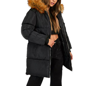 Veste parka d'hiver pour femme, en gros, avec capuche en fausse fourrure, longue, en coton respirant, doublure écologique en laine/lin, coupe-vent et chaude - Product Image 1