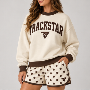 Ensemble short 2 pièces pour femme, col rond, motif pois inversés, crème, vêtements de sport décontractés personnalisés - Product Image 3