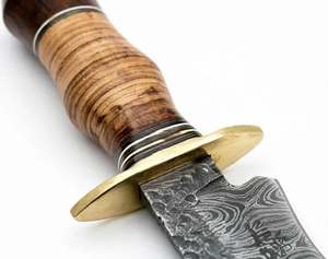 Handcrafted Custom Damascus Steel Outdoor Utility <b>Tool</b> Recurved Blade Stacked <b>Leather</b> Walnut Wood Handle Brass Guard - Product Image 6