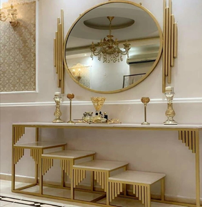 Curved <b>console</b> <b>table</b> featuring white marble top and gold metal cage frame with leaves, available at wholesale prices. - Product Image 2