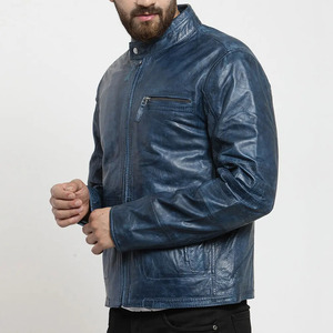 Blouson moto homme en cuir véritable bleu, col montant, fermeture éclair, coupe ajustée, coupe-vent, pour l'automne - Product Image 1