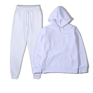 Men's <b>2</b> Piece Set Hooded Zip-Up Knitted Sweatshirt Hoodie Drawstring Long Pants <b>White</b> <b>Black</b> Solid Casual Polyester/Cotton - Product Image 2