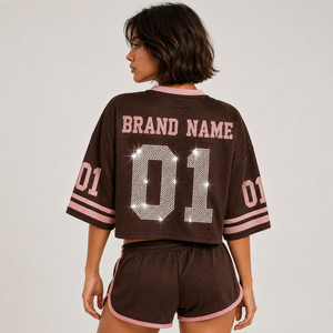 <b>Top</b> Choice Sparkling <b>Rhinestone</b> Crop <b>Top</b> Custom Logo Bling Number Solid Color American Football Jersey Sporty Summer Shorts Sets - Product Image 3
