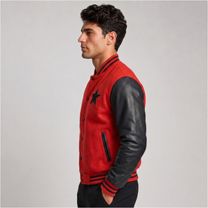 Men's Red Varsity <b>Jacket</b> Black Leather Sleeves <b>Star</b> Embroidery Button Closure Casual Autumn Wear Regular Fit - Product Image 3