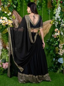 Black Chiffon Ball Gown V-Neck Sleeveless A-Line Floor-Length <b>Sequin</b> Zari Embroidery <b>Party</b> Wear for Women - Product Image 3