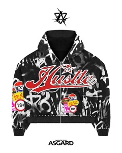 Ensemble sweat à capuche et pantalon pour homme imprimé graffiti, survêtement streetwear oversize zippé, design noir, blanc, rouge, collection automne - Product Image 2