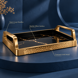 Decorative Iron Serving Tray | Black Gold <b>Marble</b> <b>Effect</b> Rectangular Platter with Handles for Dining <b>Coffee</b> <b>Table</b> Home Decor Gift - Product Image 2
