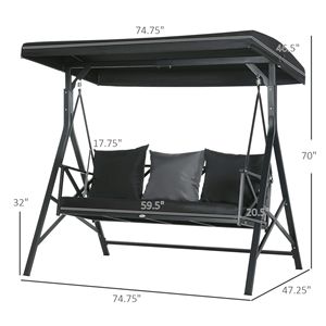Dondolo da Giardino a 3 Posti con Tettuccio, Cuscini e 3 Cuscini Decorativi, Tenda Parasole Regolabile, Cuscini Impermeabili per Portico e Giardino - Product Image 3
