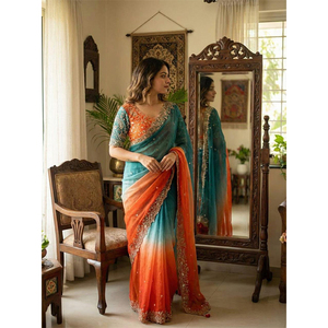 Sari de Tela Satén Fandy de Diseño Indio para Bodas, de la Mejor Calidad, con Hermoso Bordado, en Venta Global - Product Image 1