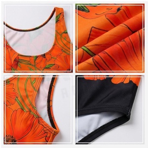 Traje de baño de una pieza con estampado floral para mujer, cuello redondo, cintura alta, elástico, estampado digital en naranja y negro - Product Image 4