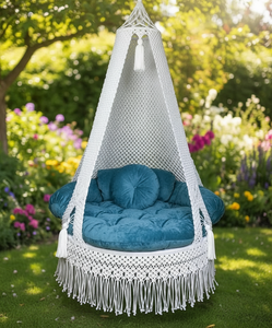 Hamac suspendu en macramé 72"x33" pour la décoration de la maison, balançoire suspendue en coton pour l'intérieur et l'extérieur, salle de jeux, patio, blanc et bleu - Product Image 3
