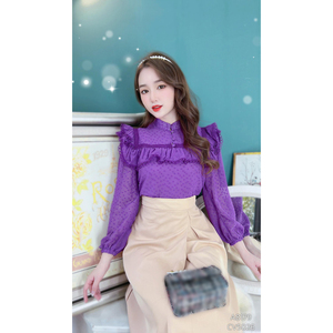 Wholesale <b>Women's</b> Purple Swiss Dot <b>Blouse</b> Lace Trim Ruffle Yoke <b>Long</b> Sleeve Top <b>for</b> Spring Office Wear and Boutique Retail Shops - Product Image 3