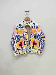 Veste en coton Suzani artisanale pour femmes, bleu marine, broderie dorée, style bohème ethnique, manteau d'automne-hiver - Product Image 4