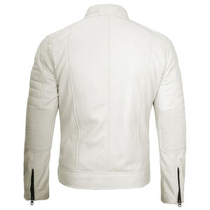 Blouson moto en cuir PU blanc pour homme, col montant, fermeture éclair, coupe ajustée, manches classiques, couleur unie, style automne - Product Image 4