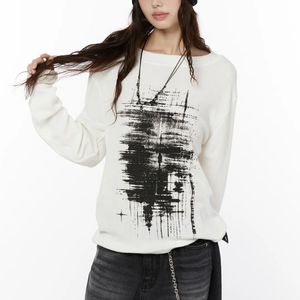 Pull en maille blanc pour femme, motif graphique vieilli, manches longues, côtelé, coupe oversize, style Y2K Grunge Streetwear - Product Image 1