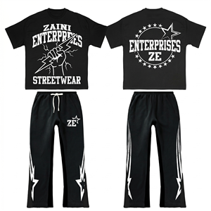 Ensemble T-shirt en jersey de coton tricoté écologique de qualité supérieure Zaini Enterprises 240 GSM et pantalon en denim 300 GSM noir à col rond pour homme - Product Image 1