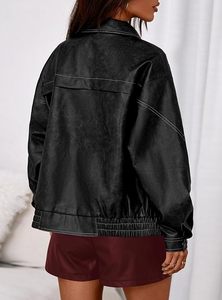 Blouson bomber en cuir PU noir pour femme, manches longues, fermeture éclair, col rabattu, longueur courte, style automne - Product Image 3