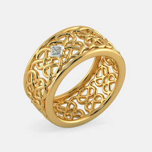 แหวนเพชรทรงปรินเซสคัทหรูหรา ประดับลายฉลุ วงกว้าง ทองคำ 14K สีเหลือง - Product Image 1