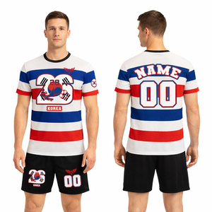 Custom Korea Soccer Jersey 2026 Red Blue White Striped Football Uniform Personalized Name & Number Team <b>Kit</b> - Product Image 1