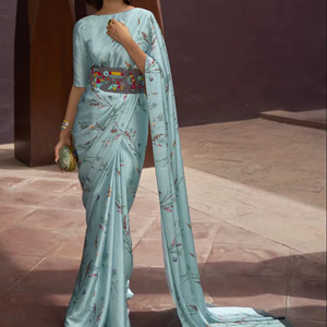 Blue Petal Grace Wedding Diwali <b>Satin</b> Crepe Wrinkle Free Moisture Wicking Saree - Product Image 1