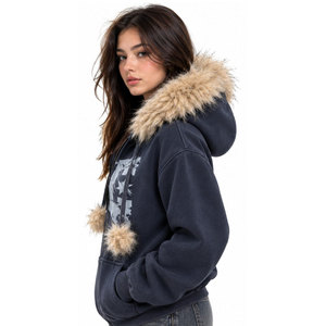 Women's <b>Navy</b> Blue Hooded Sweatshirt With Faux Fur Trim And Front Print Winter Zip-Up Jacket Regular Fit <b>Knitted</b> Cotton - Product Image 5