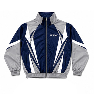 Ensemble de survêtement RTW bleu marine, gris et blanc à imprimé géométrique, manches longues, fermeture éclair, sportif, en polyester, unisexe adulte, printemps - Product Image 3