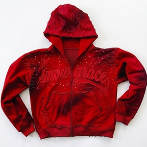 Snow Grace <b>Red</b> Hooded Zipper <b>Sweatshirt</b> Embroidered Letter Design Regular Fit Unisex Fleece Casual Winter Wear - Product Image 1