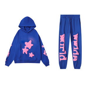 Survêtement unisexe bleu à capuche avec imprimé étoile rose et lettres, coupe ample, en coton, style streetwear pour adultes, idéal pour l'automne - Product Image 1