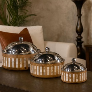 Wood & Metal <b>Serving</b> <b>Dish</b> <b>Set</b> Of 3 Mother-of-Pearl Hand Inlay Design With Chrome Lid For Elegant Dining And Home Decoration - Product Image 1