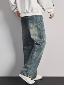Vaqueros de mezclilla de pierna ancha teñidos estilo vintage para hombre |   Pantalones Azules Holgados de Corte Relajado |   Pantalones Vaqueros Retro de Pierna Recta para un Estilo Casual y Urbano - Product Image 5