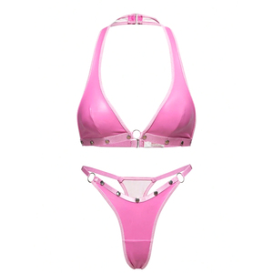 Good Supplier Newest Trendy Baby Pink Color Halter Top and Ring Detail Studded Bikini Bottoms Women Leather <b>Bra</b> & Briefs - Product Image 1