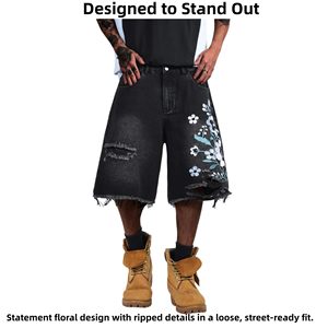 Men's Black Floral Embroidered Denim <b>Shorts</b> Street Style Mid Waist Button Fly <b>Woven</b> Cotton <b>Shorts</b> Sialkot Made <b>Shorts</b> - Product Image 4