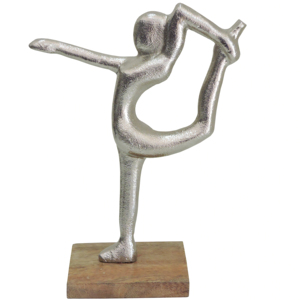 Statuette abstraite en aluminium argenté représentant une femme faisant du yoga, pose « Seigneuresse de la danse », sur socle en bois de mangue - Product Image 1