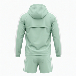 ชุดเซ็ตเสื้อฮู้ดกันลมแบบมีซิปและกางเกงขาสั้น OEM ผ้าไนลอนกันน้ำ สำหรับออกกำลังกาย วิ่งจ๊อกกิ้ง ลำลอง ใส่ได้ในฤดูร้อน 2 ชิ้น - Product Image 2